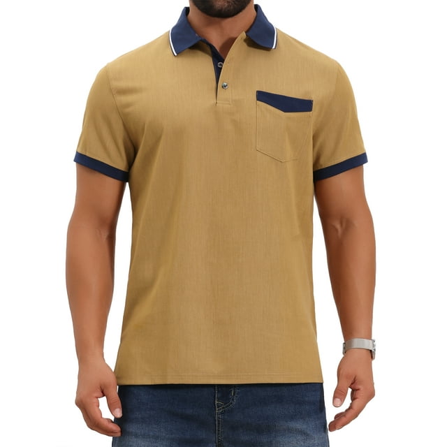 CAMISA POLO DE NEGOCIOS DE MANGA CORTA RETRO OCCIDENTAL ELÁSTICA DE BLOQUE DE COLOR PARA HOMBRES INSPIRE CHIC 2XL Caqui