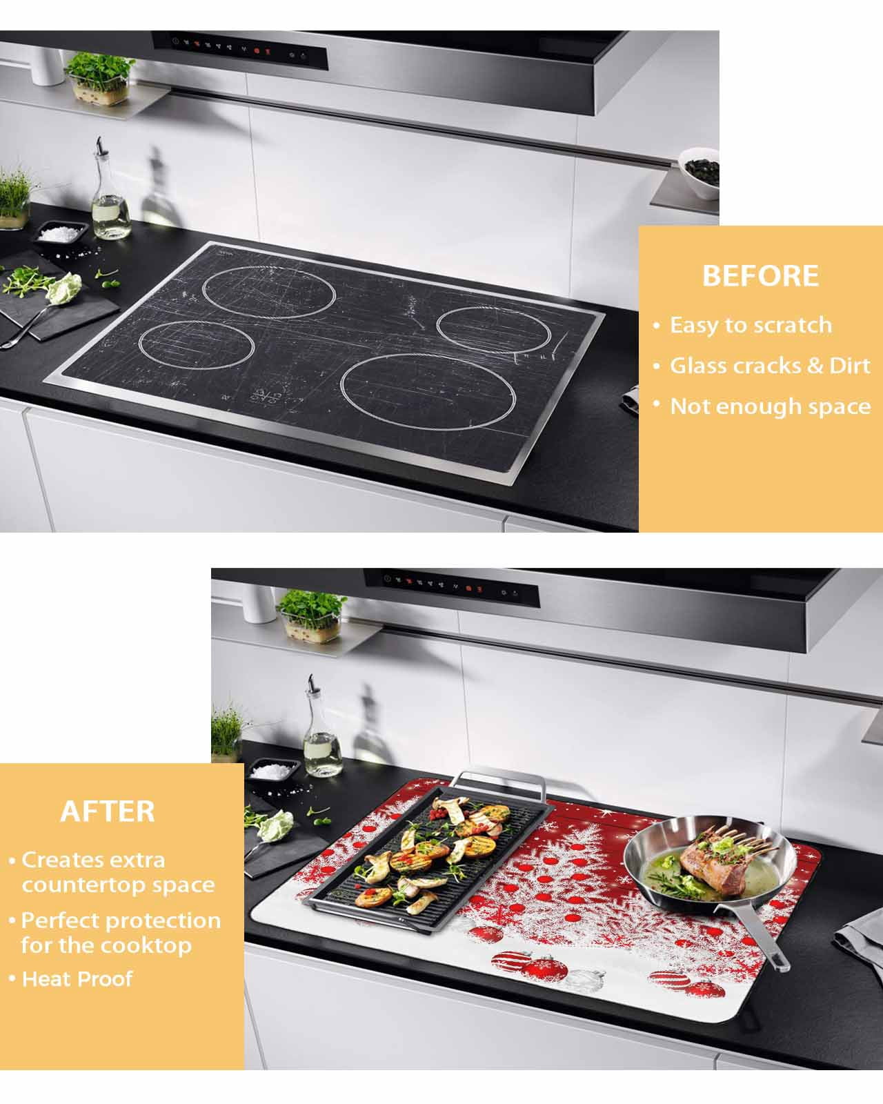 Large Induction Cooktop Protector Mat Red Christmas Stove Top Covers for Electric Stove, Snowflake Xmas Tree Ball Wooden Winter Decorative Stove Burner Cover Mats, Glass Top Stove Cover