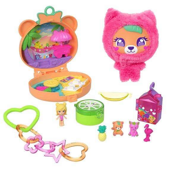 Polly Pocket Plushie Bear Compact, Doll & Keychain Playset with Pets, Fruit Themed Accessories