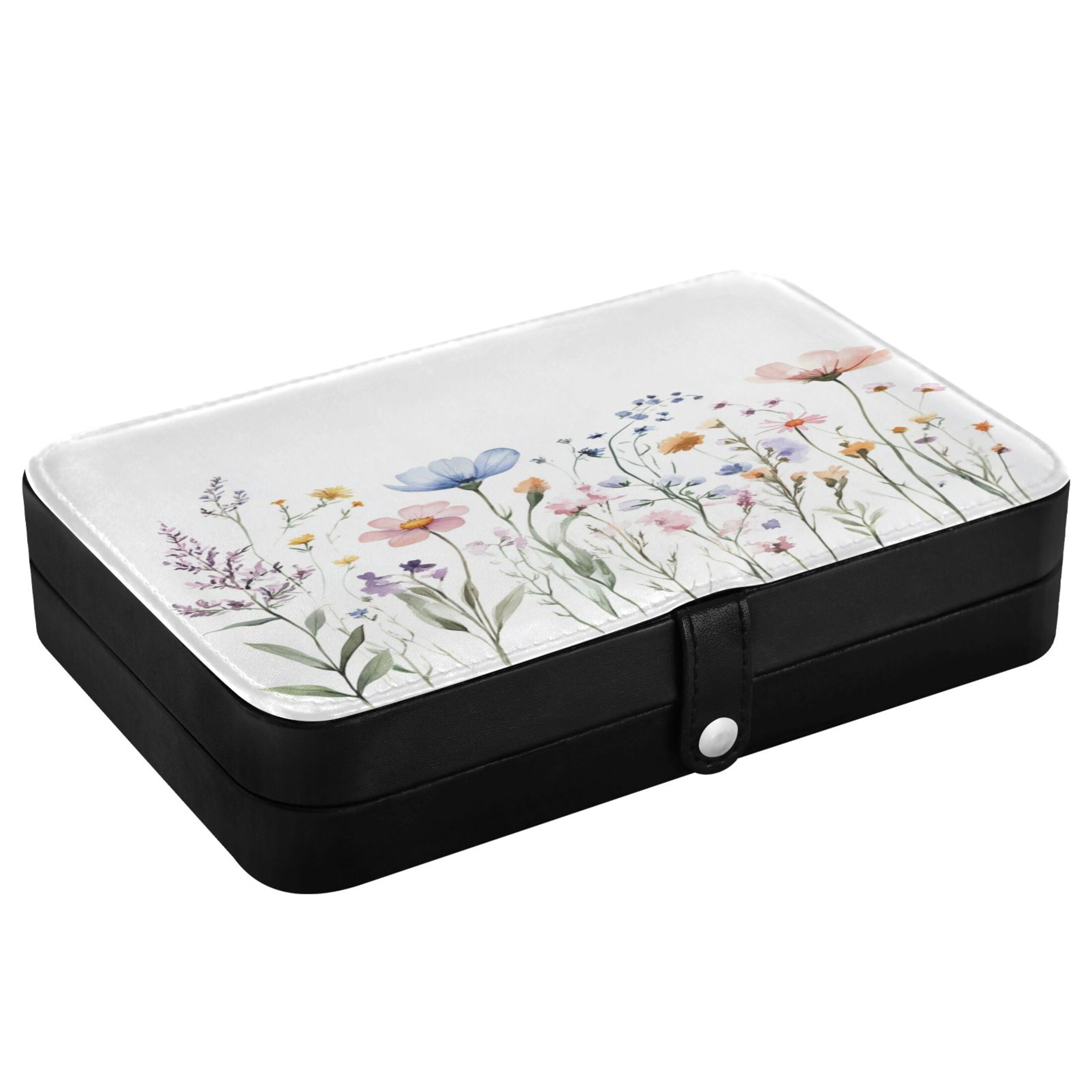 Leather Jewelry Box Rectangular 8.27x5.5x1.78In Travel Jewelry Storage Earrings Necklace Bracelet Watch Brooch Storage Watercolor Blue Flowers