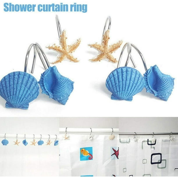 Mikewe 12pcs Shower Curtain Hooks Rings For Bathroom, Home Bathroom Beach Seashell Shower Curtain Hooks (Blue Seashell Starfish) White