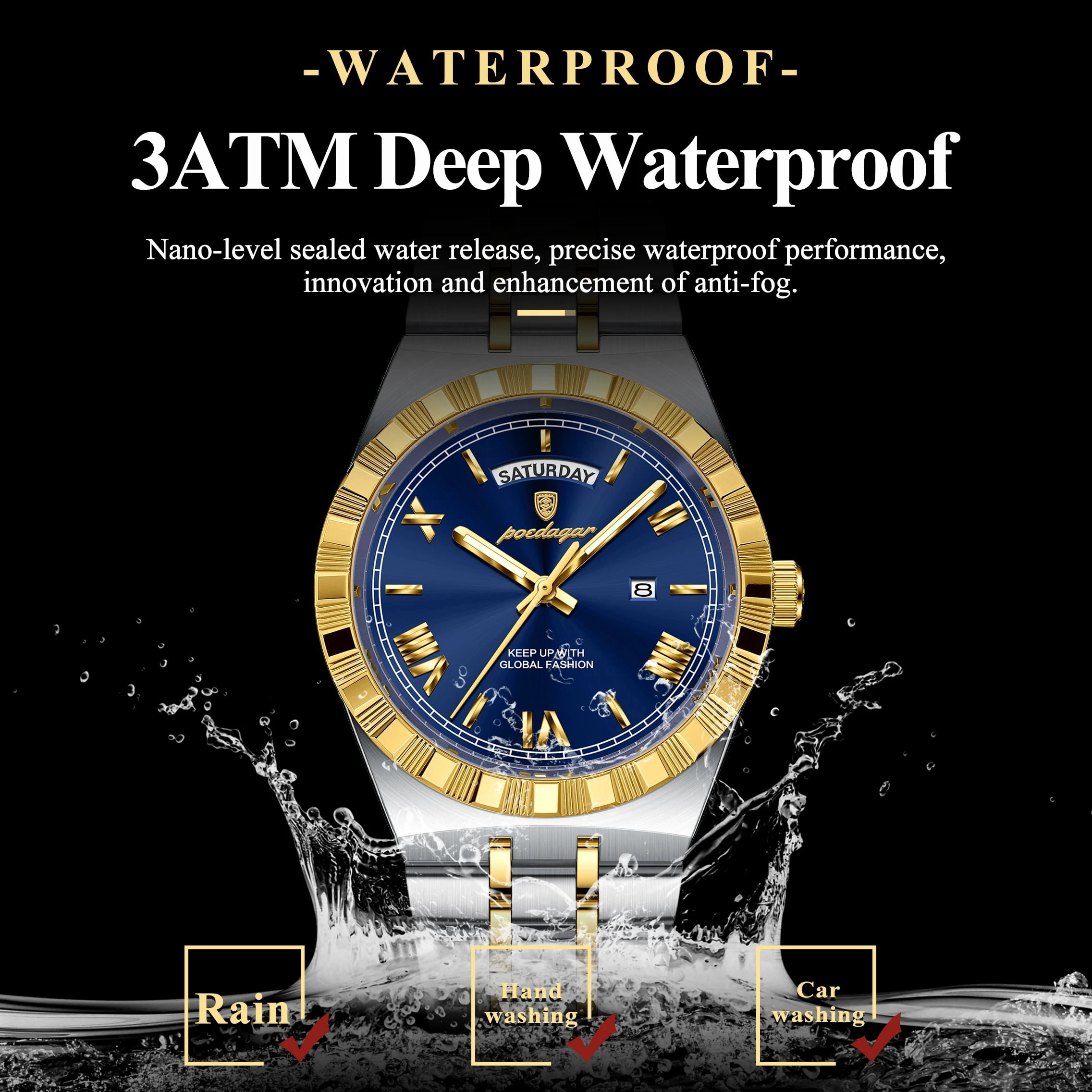 POEDAGAR Luxury Men's Waterproof Luminous Wrist Watch with Date Week Display Stainless Steel Strap