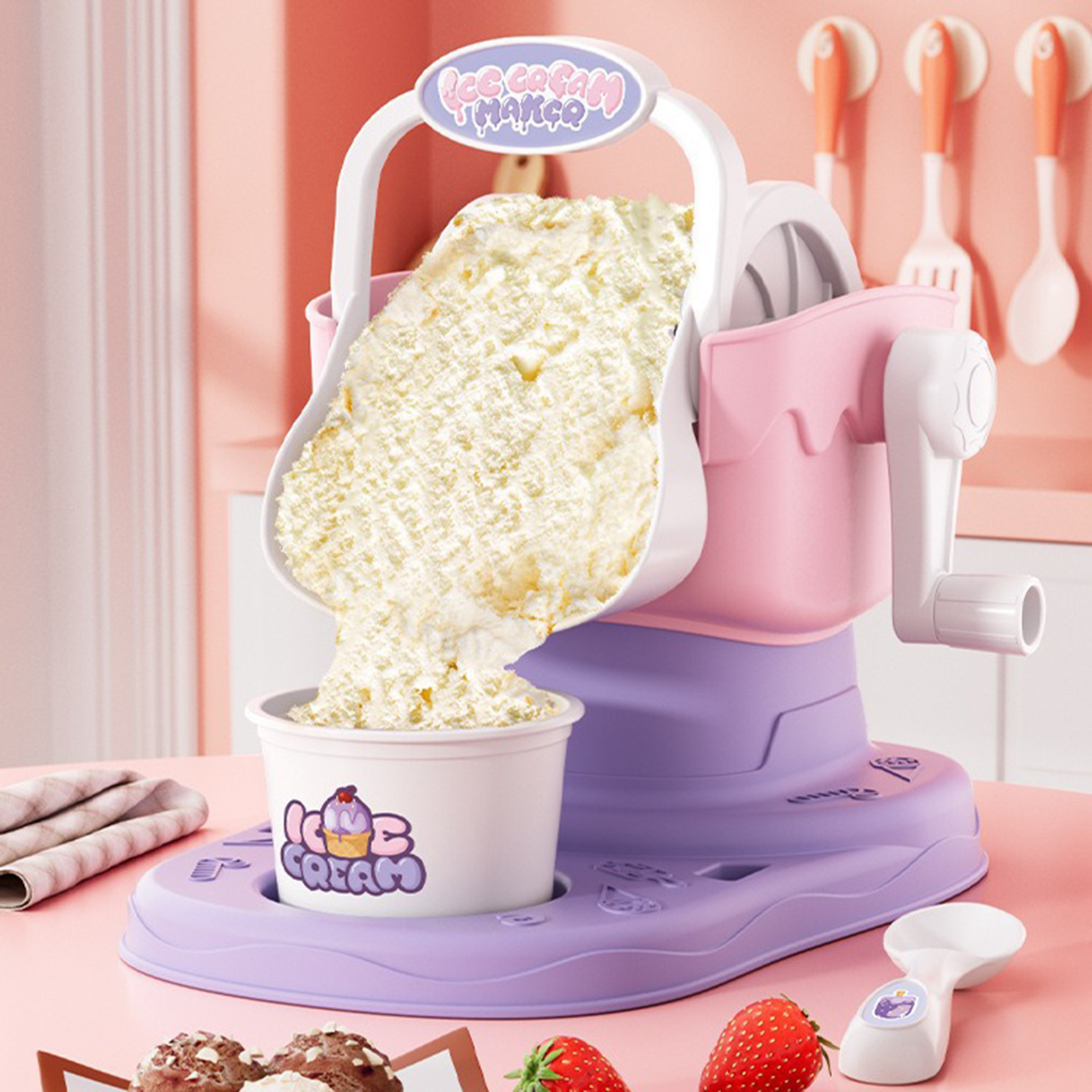 Hand Crank Ice Cream Play Set Frozens Dessert Machine Ice Cream Maker Parent-Child Interactive Edible Smoothie Machine