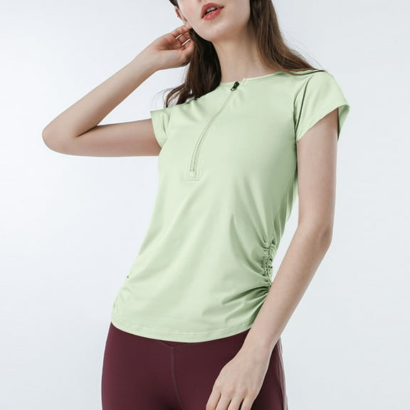 Rezuofi Women's UV Sun Protection 1/4 Zip Short Sleeve Ruched Rash Guard Shirt