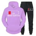 thumbnail image 3 of Conjunto de 2 piezas de sudadera y pantalón divertidos para hombre con estampado "Need Coffee" de manga larga con capucha y patrón de batería baja, ropa deportiva, 3 of 5