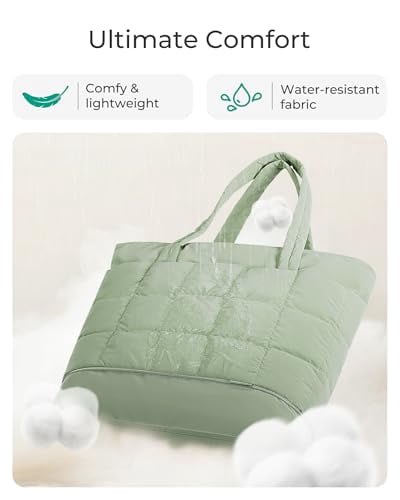 BAGSMART Expandable Tote Bag for Women, Puffer Small tote bag with Zipper, Travel Tote Bags Casual Handbags Nurse Bag, Green