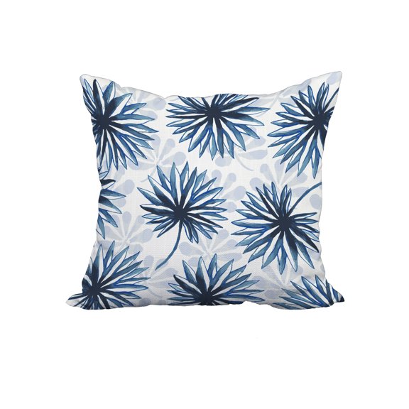 18 x 18 Inch Blue Floral Print Decorative Polyester Throw Pillow with a Linen Texture