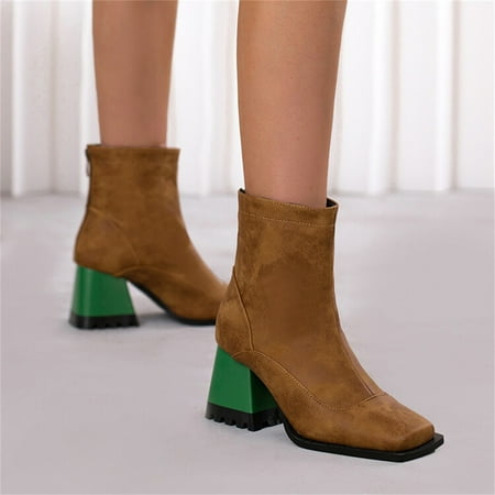 

NEGJ Ladies Fashion Colorblock Leather Back Zipper Square Toe Chunky High Heel Booties