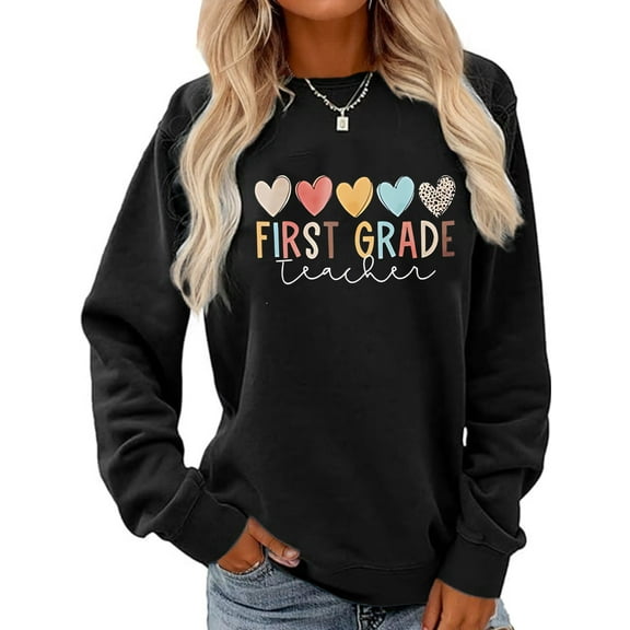 Women Teacher Sweatshirt First Grade Graphic Shirt Casual Loose Long Sleeve Crew Neck Top