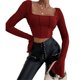 thumbnail image 1 of Mujeres Top manga larga contraste puntada Slim equipada tie back color puro acanalado knit pullover camiseta vino rojo M, 1 of 8