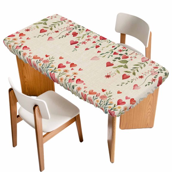 Valentine's Day Table Cloths for 3 Foot Rectangle Tables, Watercolor Love Flowers Leaves Plants Beige Patio Waterproof Elastic Fitted Tablecloths, Washable Rectangular Table Cover for Camping