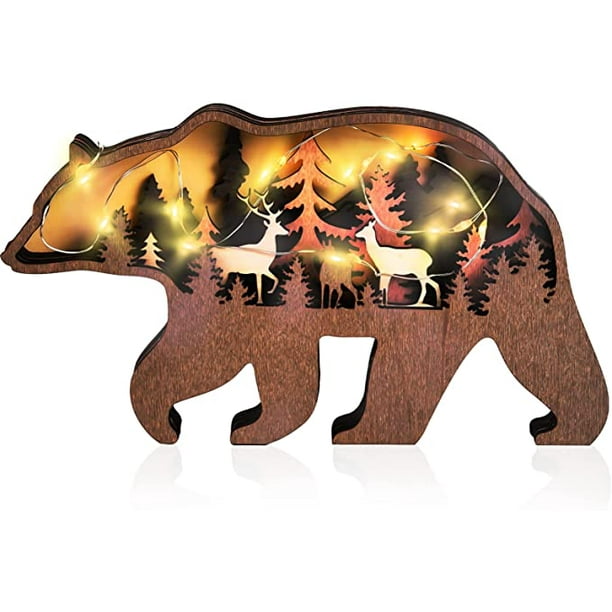 Adornos de animales de madera, manualidades de madera con decoración de animales del bosque 3D, figura de madera 3D con luces LED, escultura de madera retro para regalo de oficina en casa (oso) sin b JAMW Sencillez