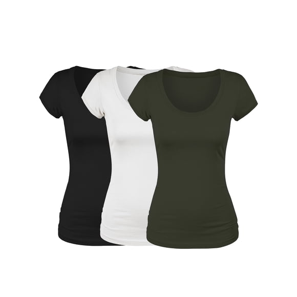Emmalise Women's Short Sleeve Tshirt Scoop Neck Tee Value Set (3Pk, Blk, Wht, Olive, Medium)