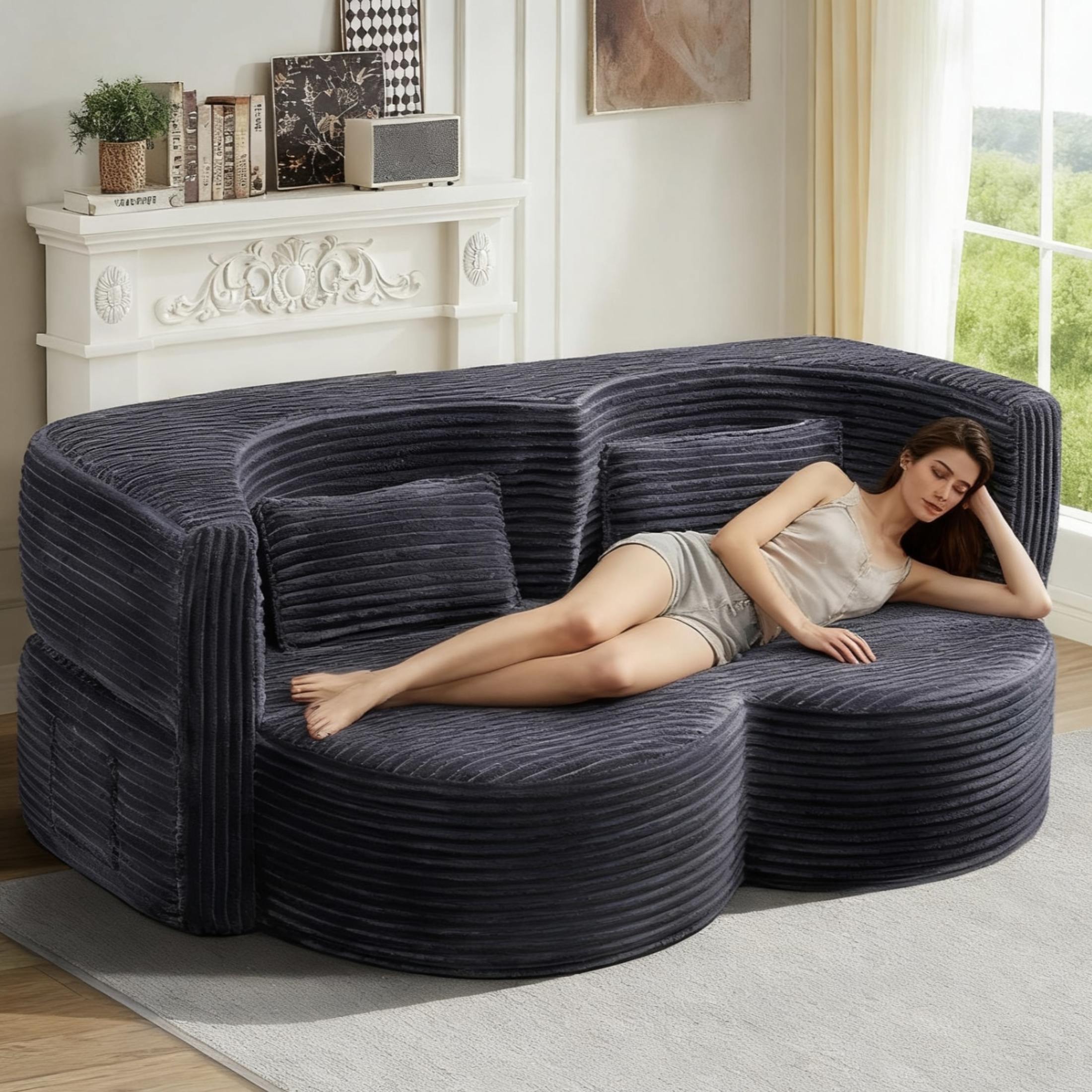 Noble House Solley 79" Folding Sofa Bed, Corduroy Tri-Fold Floor Double Sofa, Space-Saving Guest Bed, Dark Grey