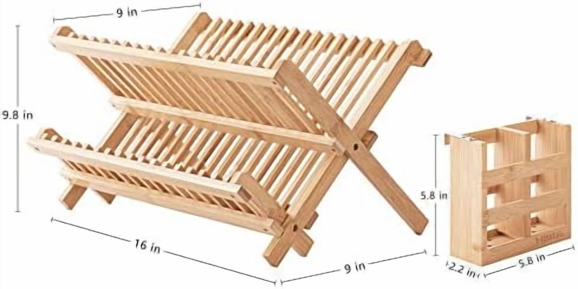 Dish Rack, Bamboo Folding 2-Tier Collapsible Drainer Dish Drying Rack with Utensils Flatware Holder Set (Dish Rack with Utensil Holder)