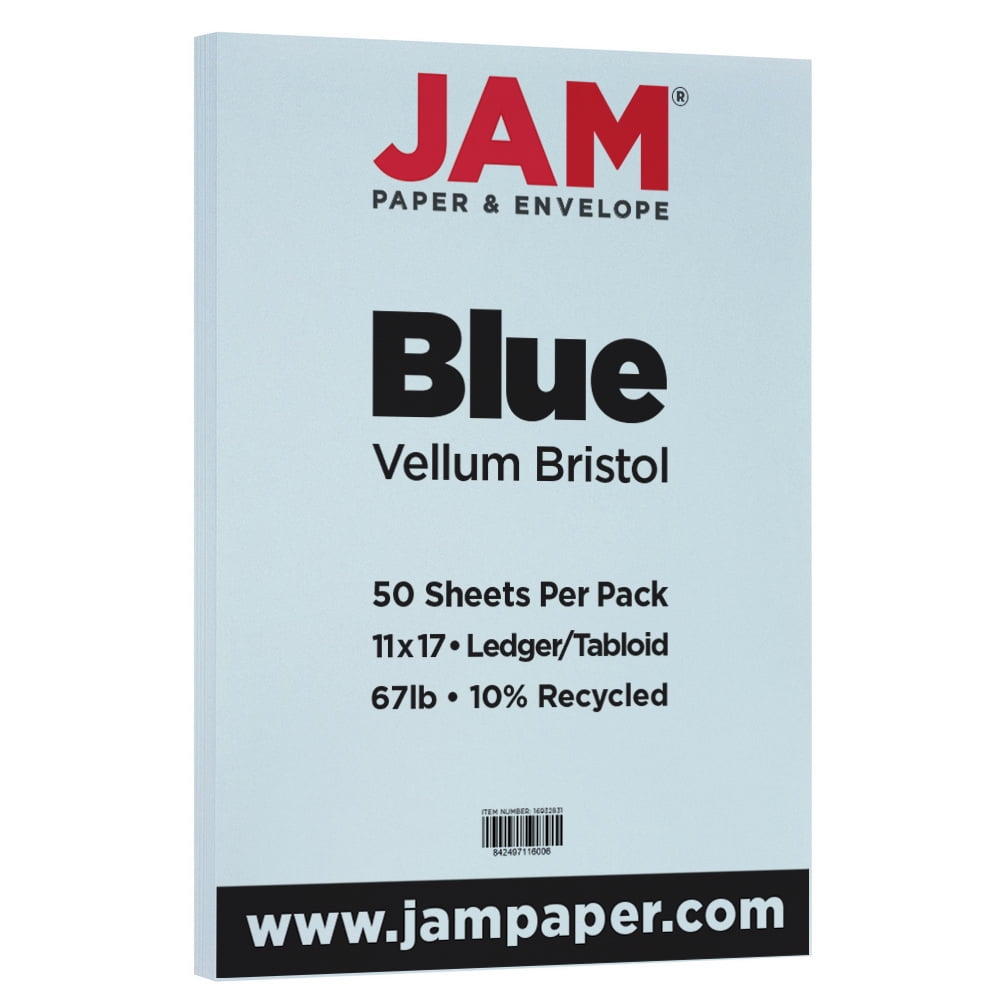 JAM Paper Vellum Bristol 67lb Cardstock, 11 x 17 Ledger Size Coverstock, Blue, 50 Tabloid Sheets/Pack