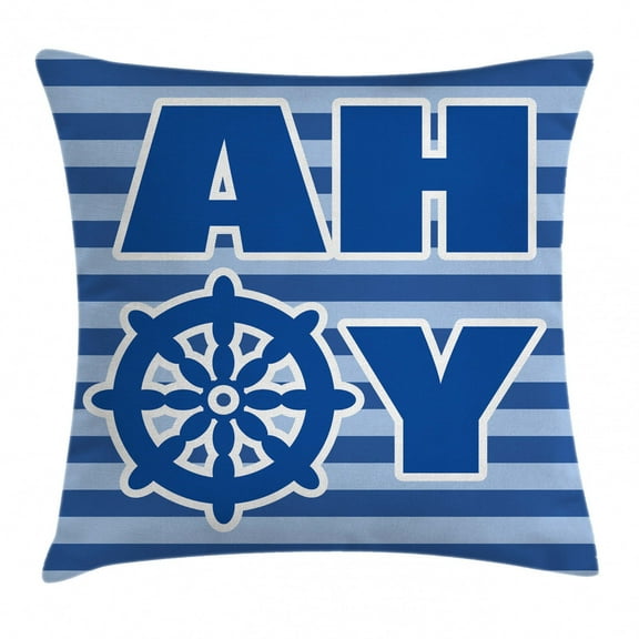 Ahoy Its a Boy Throw Pillow Cushion Cover, Ahoy Written with Nautical Wheel Striped Nursery Wall Art Decor, Decorative Square Accent Pillow Case, 18 X 18 Inches, Blue Light Blue White, by Ambesonne