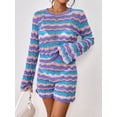 thumbnail image 2 of FOCUSNORM Ensemble de Vêtements pour Femmes 2 Pcs Shorts d'Automne Rayures Patchwork Col Rond Manches Longues Pull Hauts Tricotés Shorts, 2 of 9