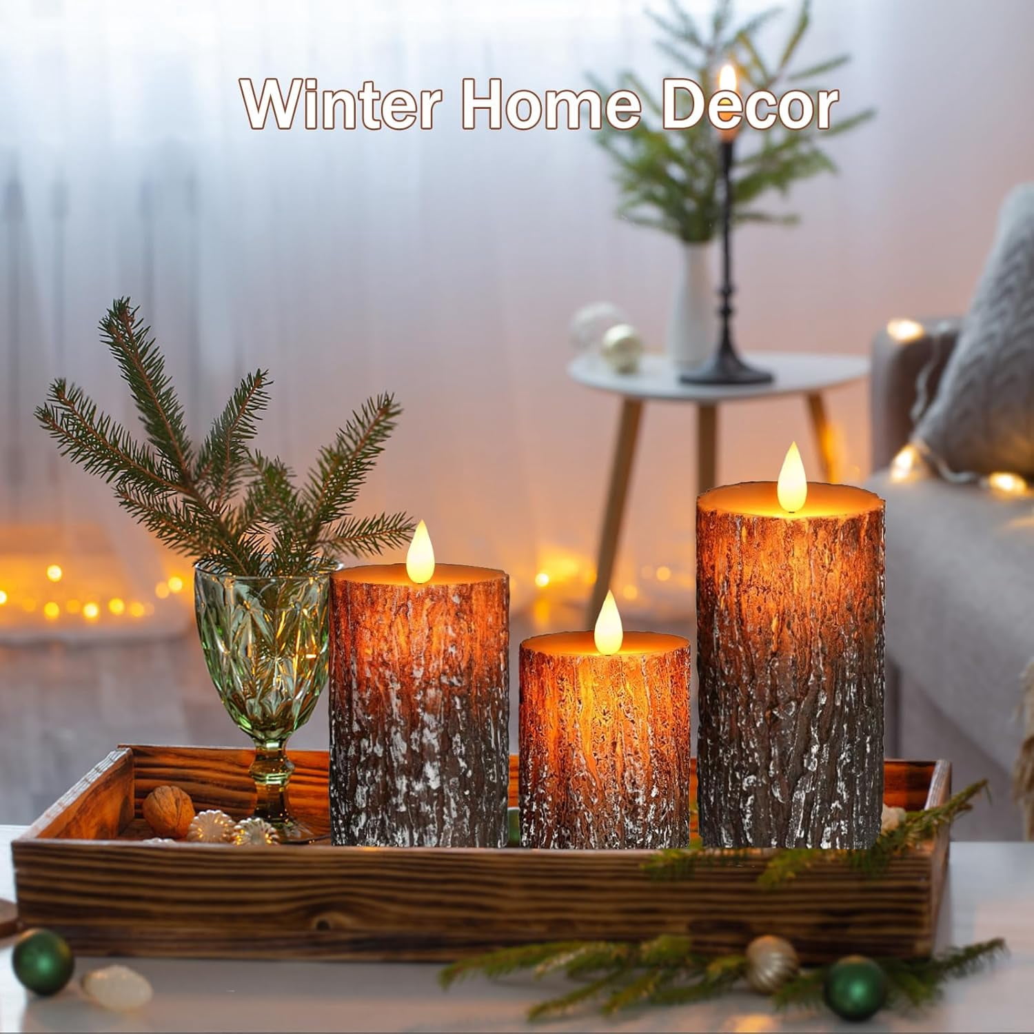 Flameless Candles Lights, Set of 3 Flickering LED Candles with Remote & Timer, Dimmable Pine Bark Pillar Candles Battery Operated, Electric Candles for Home Winter Christmas Decor