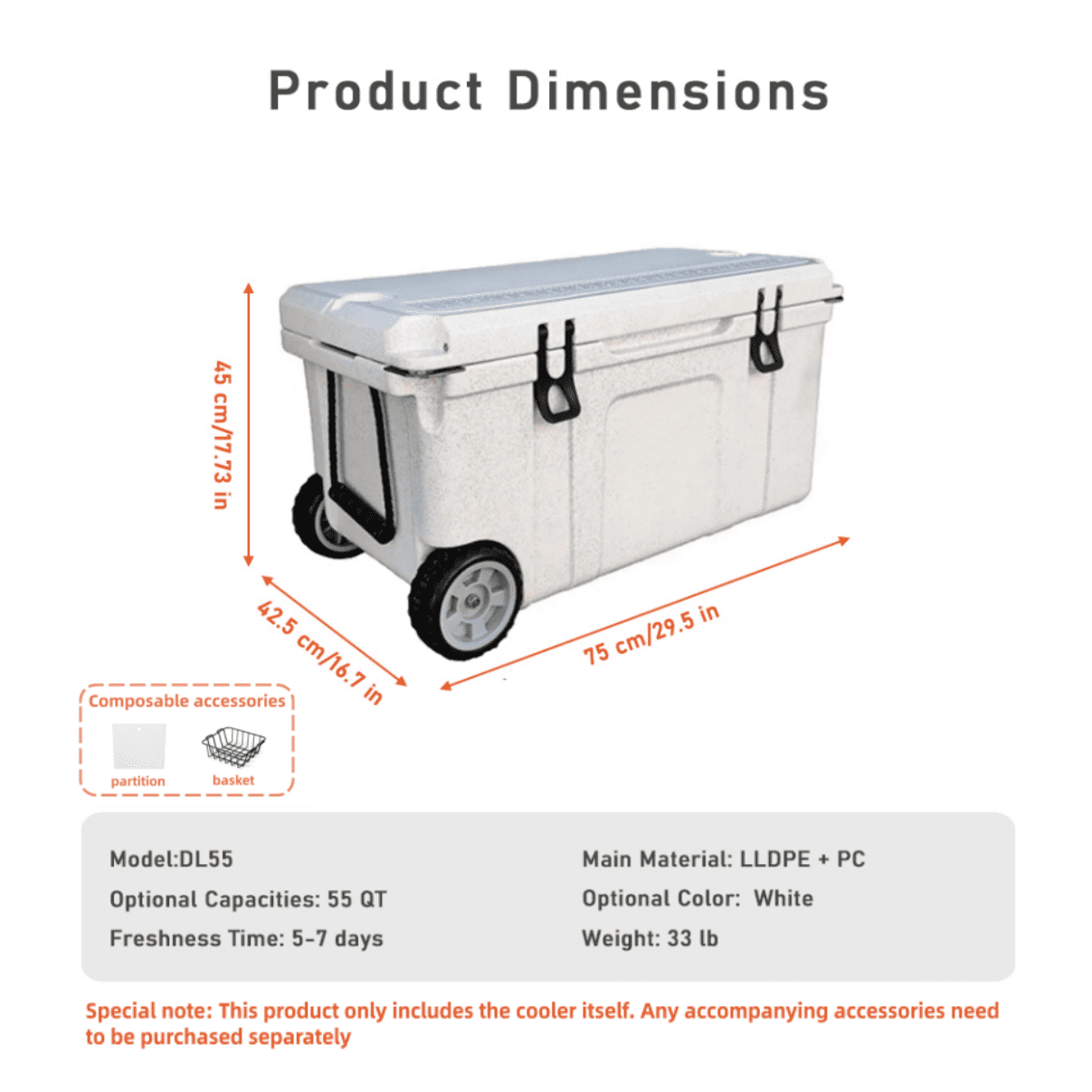 55QT Wheeled Cooler with Food-Grade Liner & Dual-Purpose Hot & Cold for Family Camping Trip/Outdoor Party (White)