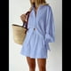 thumbnail image 4 of Conjunto de Dos Piezas para Mujer: Blusa Holgada de Larga Abullonada y Pantalones Cortos de Cintura Alta con Bolsillos Laterales. Azul S, 4 of 6