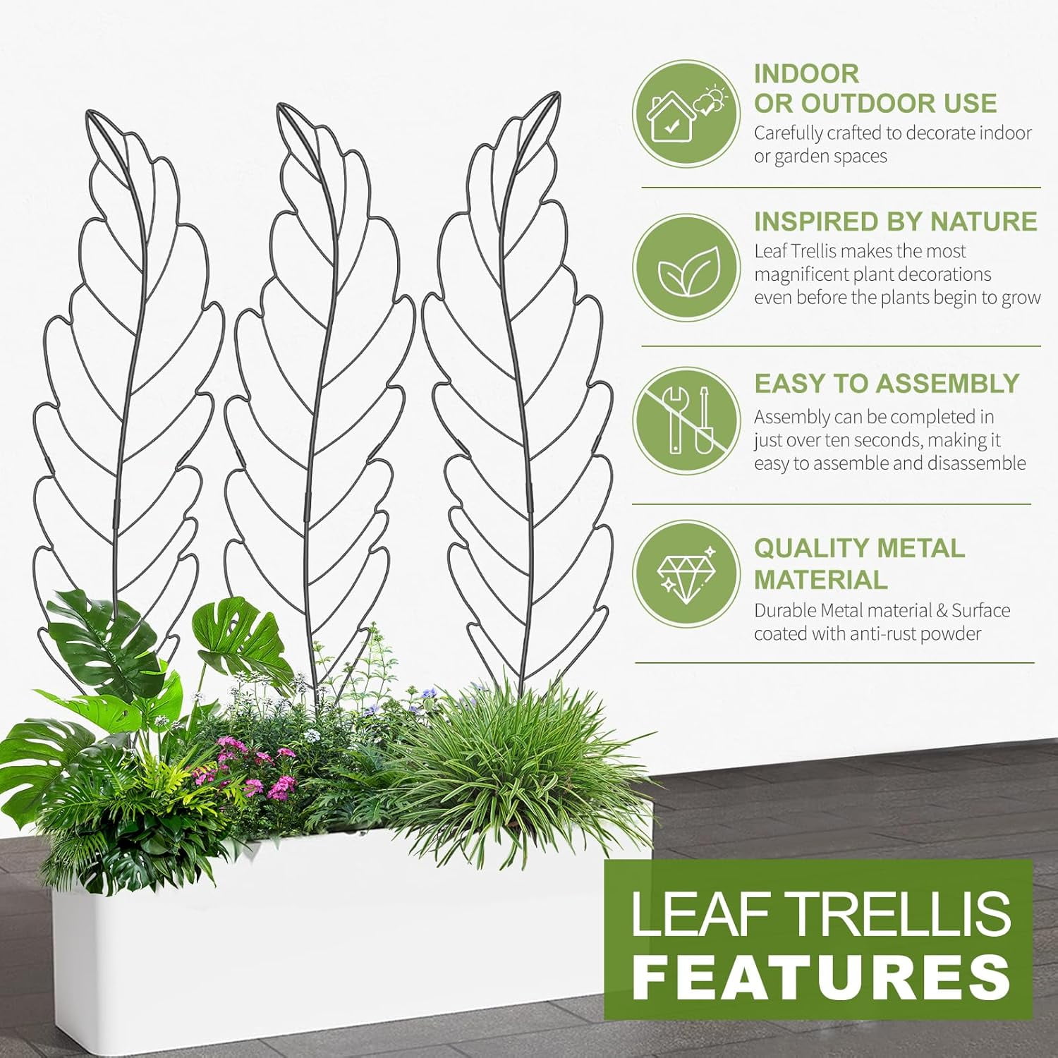 Bronkige 3Pack Leaf Metal Garden Trellis for Climbing Plants Outdoor, Metal Plant Trellis for Flowers Tomato Cucumber Rose Vegetable Support Garden Decoration, Black