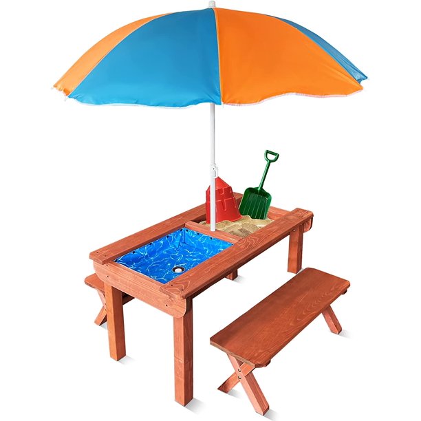 Back Bay Play 3in1 Wooden Convertible Sand and Water Table with Umbrella