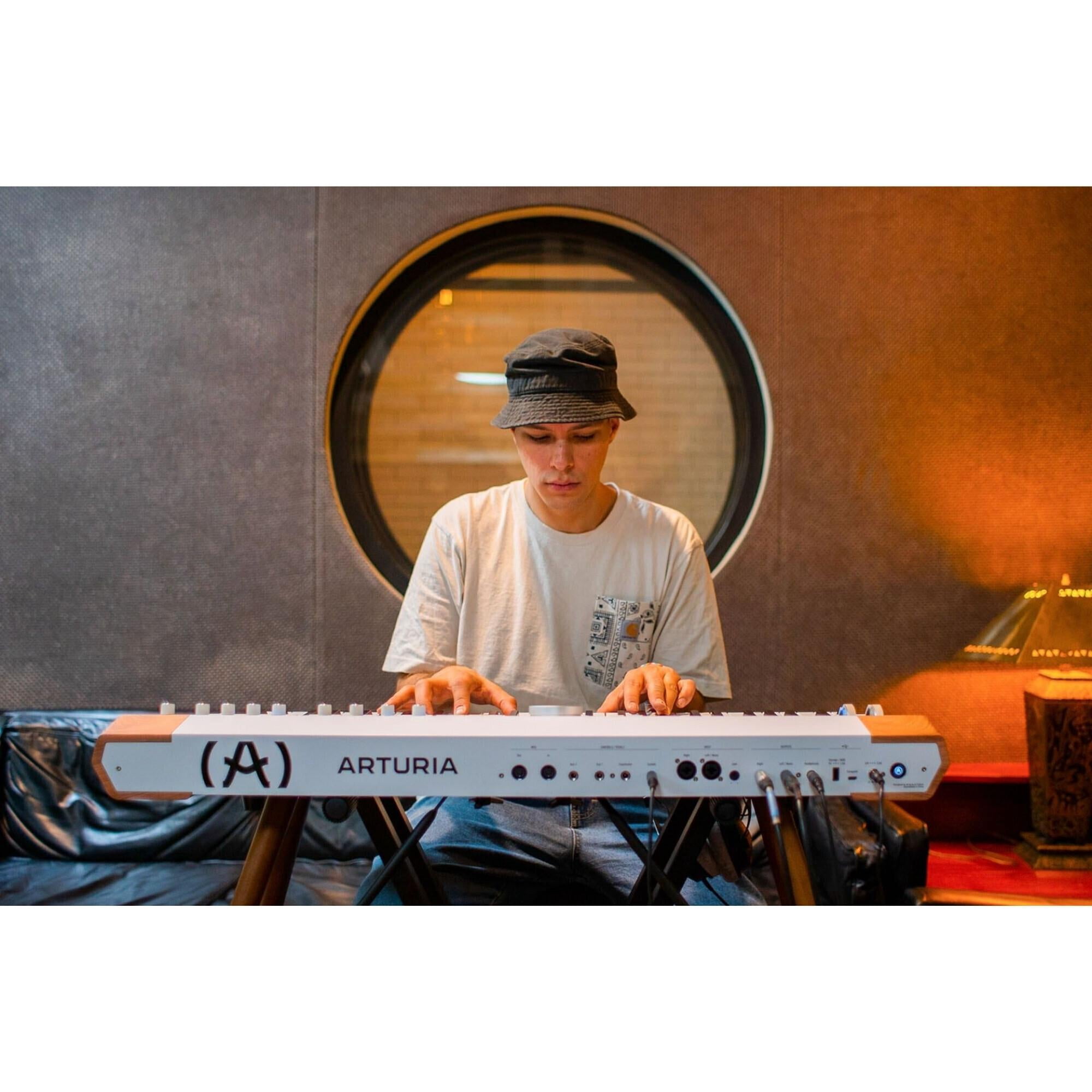Arturia Astrolab Avant-Garde 61-Note Semi-Weighted Stage Keyboard (White) Bundle with Knox Gear Stand, Knox Gear Bench (Black), Knox Gear Headphones, Pedal (Black) and Guitar Cable (2-Pack) (7 Items)