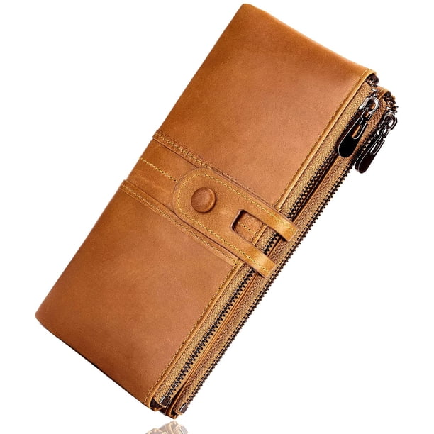 Vintage women's leather wallet large, RFID protection women's wallet large with 13 card slots with cell phone compartment, large brown