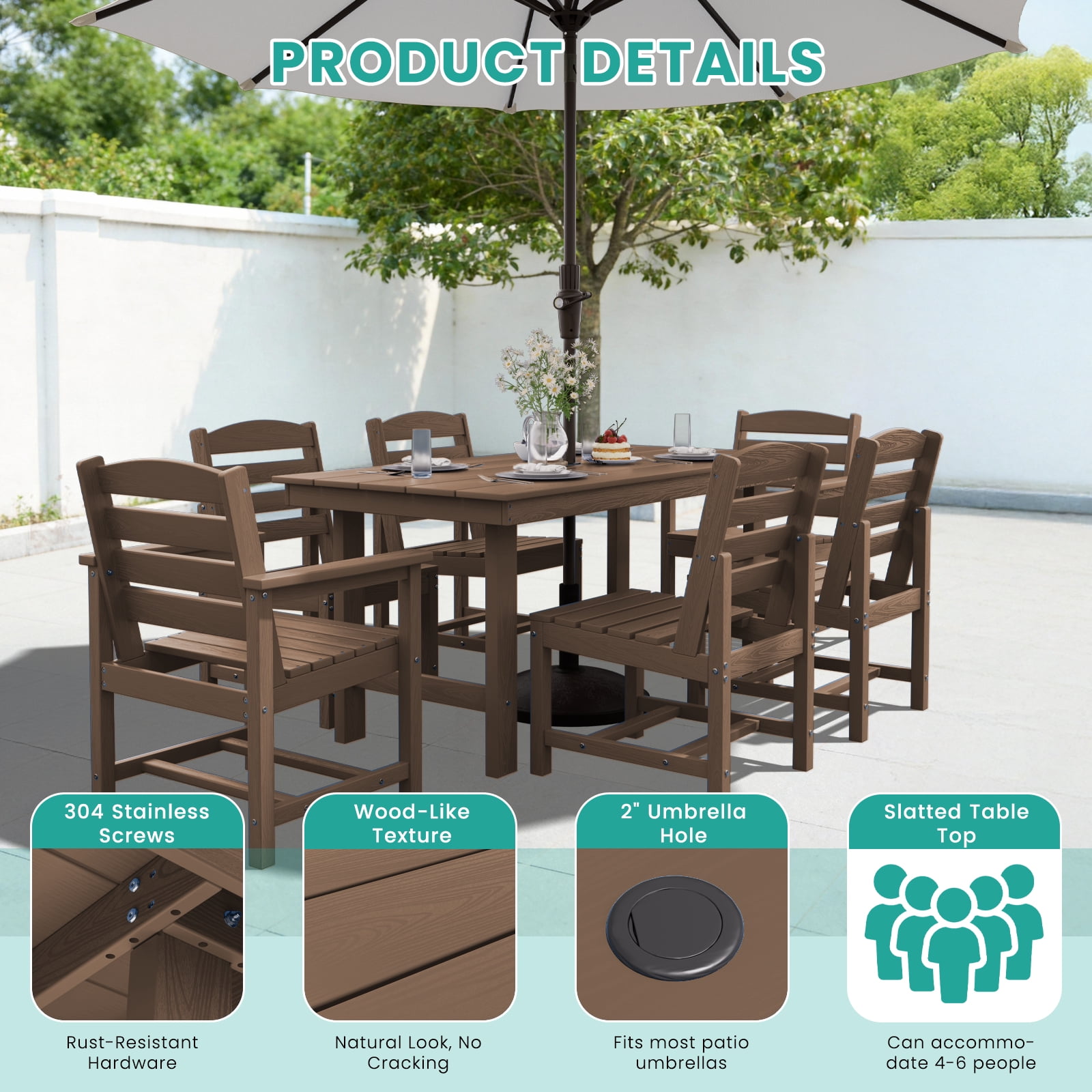 LOYALICE 7 PC Outdoor Patio Furniture Set, Patio Dining Sets, 6 Chairs and 1 Table, Brown