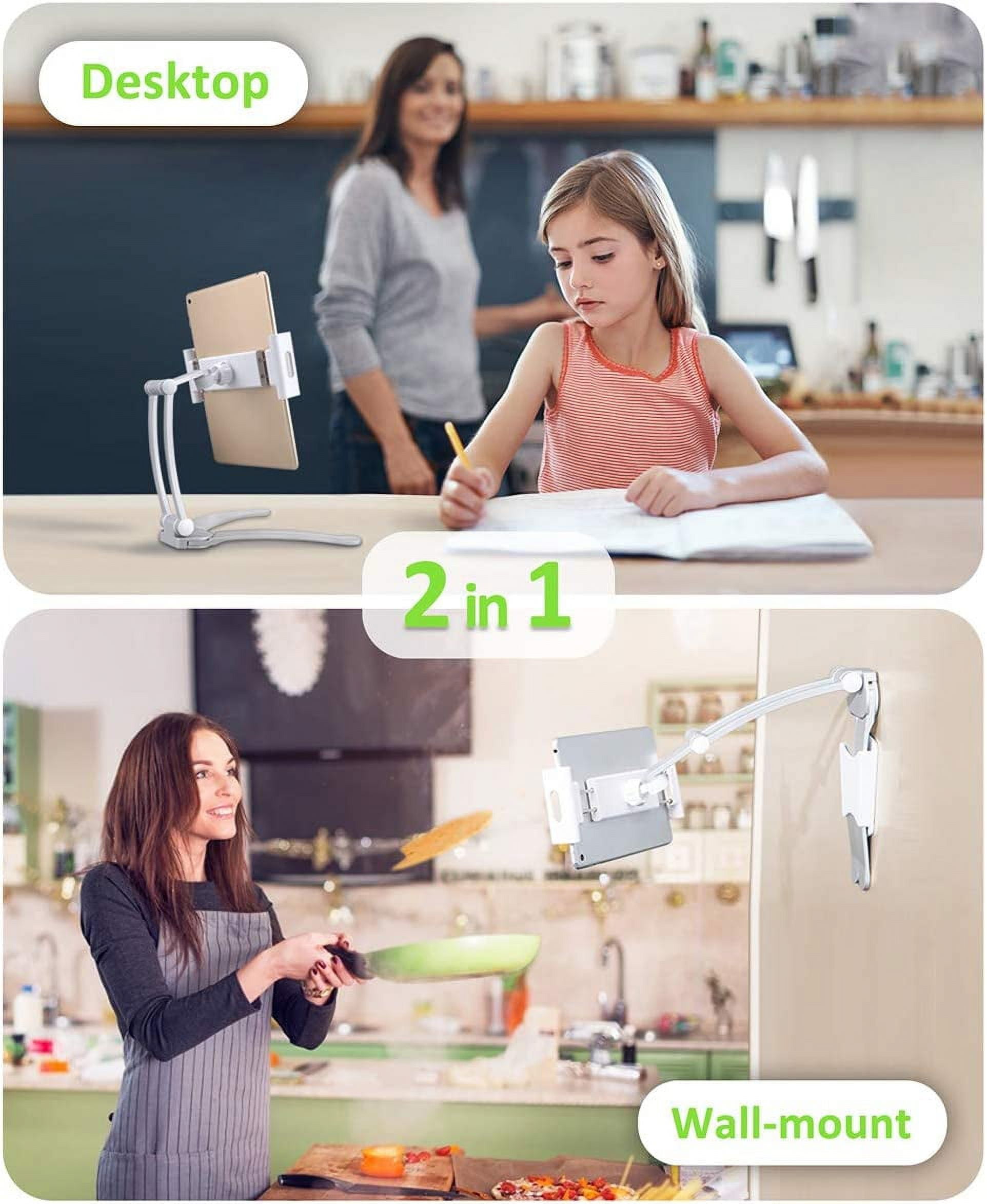 2 in 1 Kitchen Cabinet Tablet Holder, Wall Mount Desktop Stand for 12.9 Aluminum Alloy Metal Adjustable Multiangle Foldable Universal Phone Tablet Bracket Cooking Table Counter Top (Silver)
