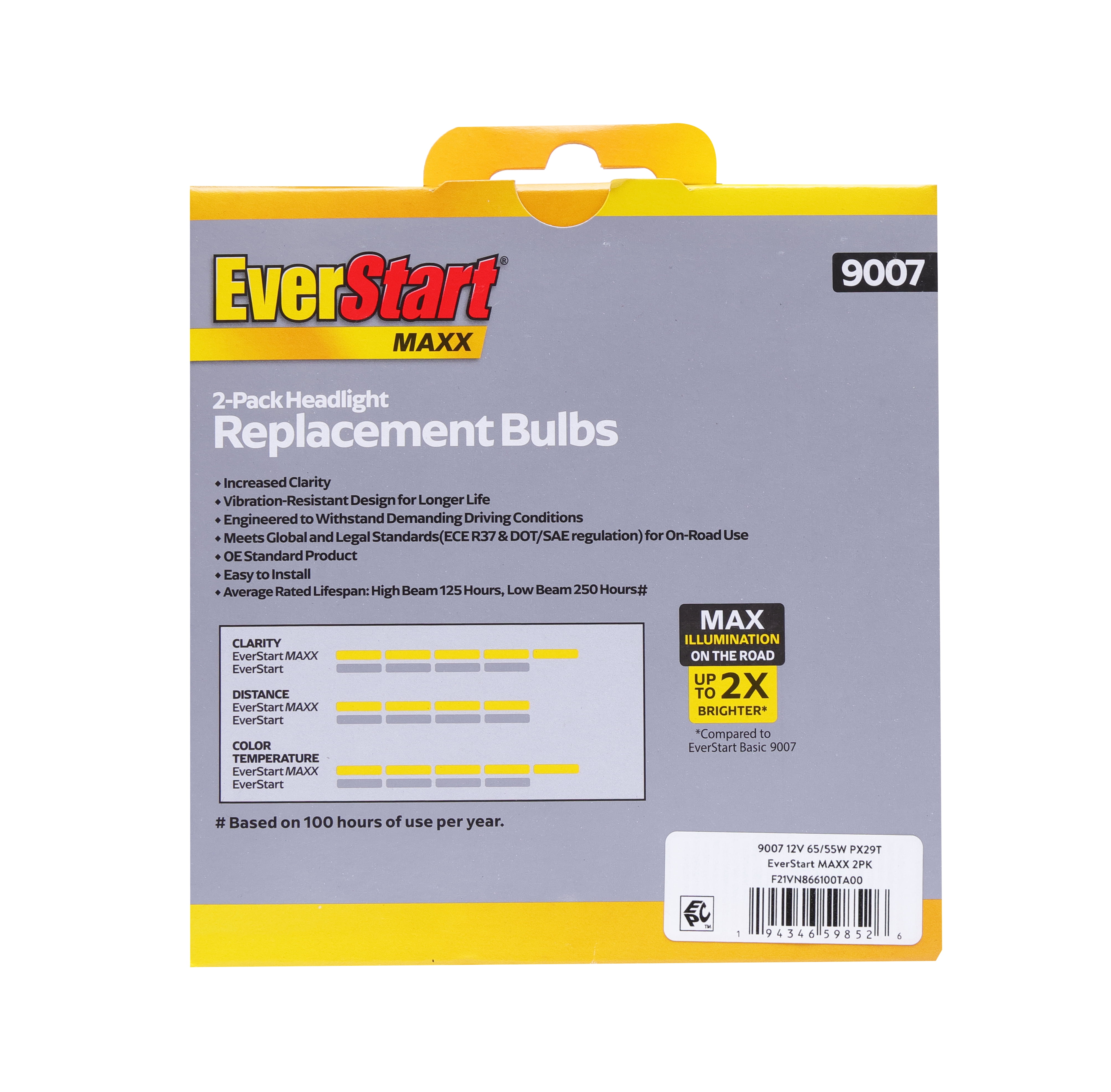 EverStart Maxx 9007 Halogen Headlight Bulb, 2 Pack, Compatible with Multiple Cars