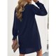 thumbnail image 3 of Vestido de cuello en V de las mujeres frente plisado largo mangas de soplo suelta piel agradable vestido de otoño para fechas fiestas trabajo azul oscuro XL, 3 of 6