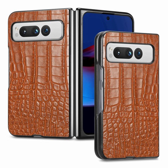 SaniMore for Google Pixel Fold 7.6" 2023 Case, Crocodile Texture PU Leather ull Protection with Tempered Glass Screen Protector Wear-resistant Vintage Folding Shell Shockproof Drop-resistant, Brown