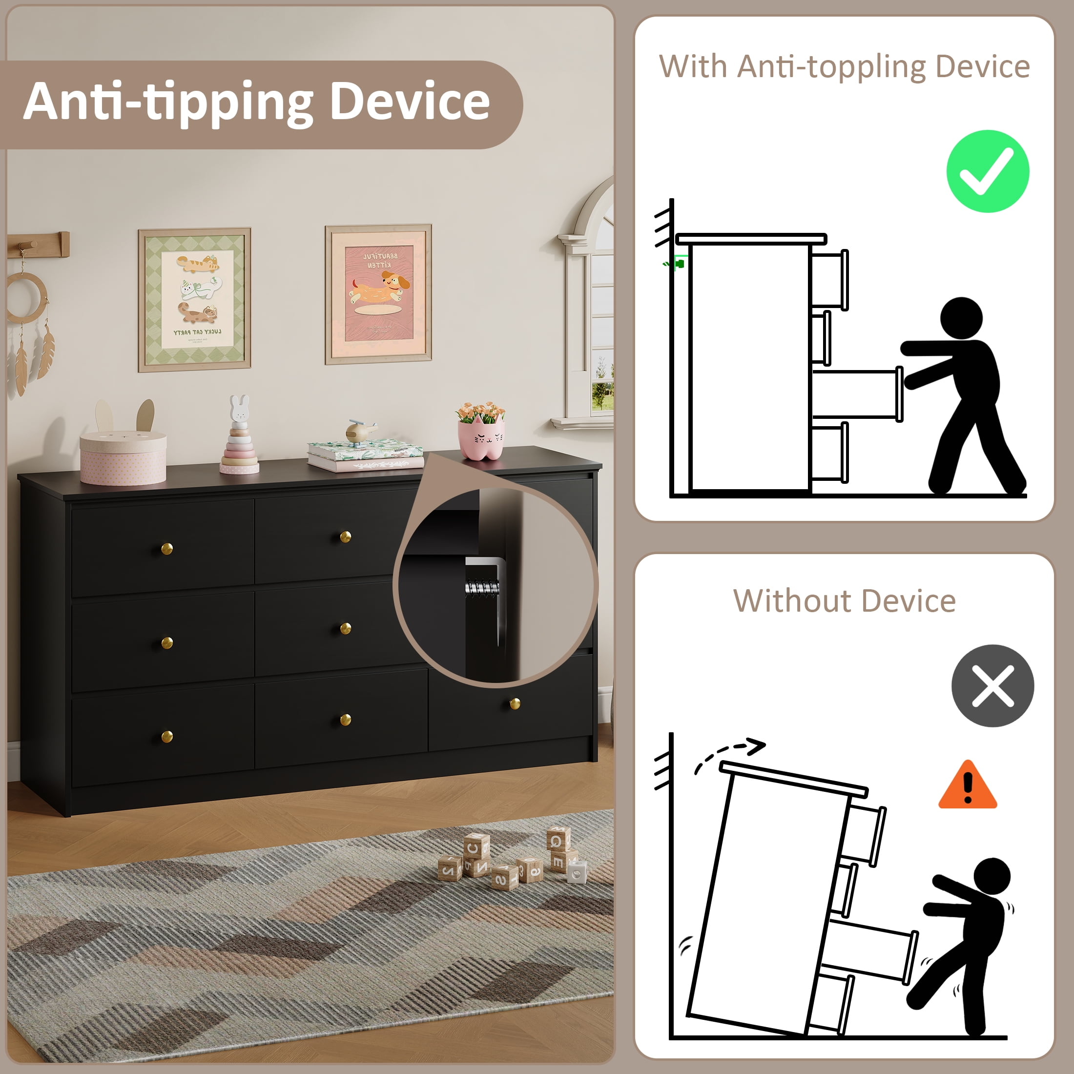 YouTrend 9 Drawer Dresser for Bedroom, Black Wood Adult Dresser with Metal Handles for Living Room, Hallway