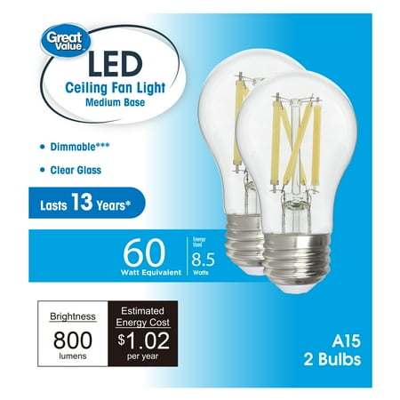 Great Value A15 LED Ceiling Fan Bulb, 8.5-Watt (60W Equivalent) Daylight Dimmable E26 Base (2 Pack)