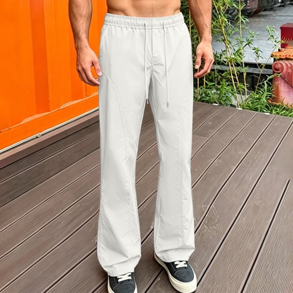 LEKWK Men's Athletic Track Pants Casual Loose Fit Sweatpants Front Seam Detail Trousers Elastic Waist with Drawstring Workout Gym Running Comfort Activewear White XXL