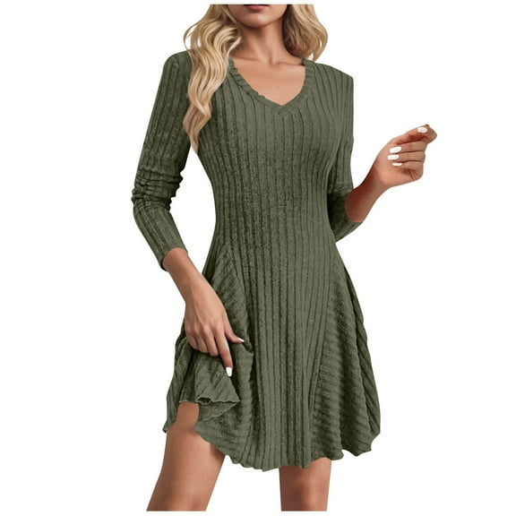Oksale Ribbed Sweater Dress for Women Trendy A Line Mini Dress Casual V Neck Knit Dresses Cozy Long Sleeve Solid Color Dress Soft Fall Dresses Green S