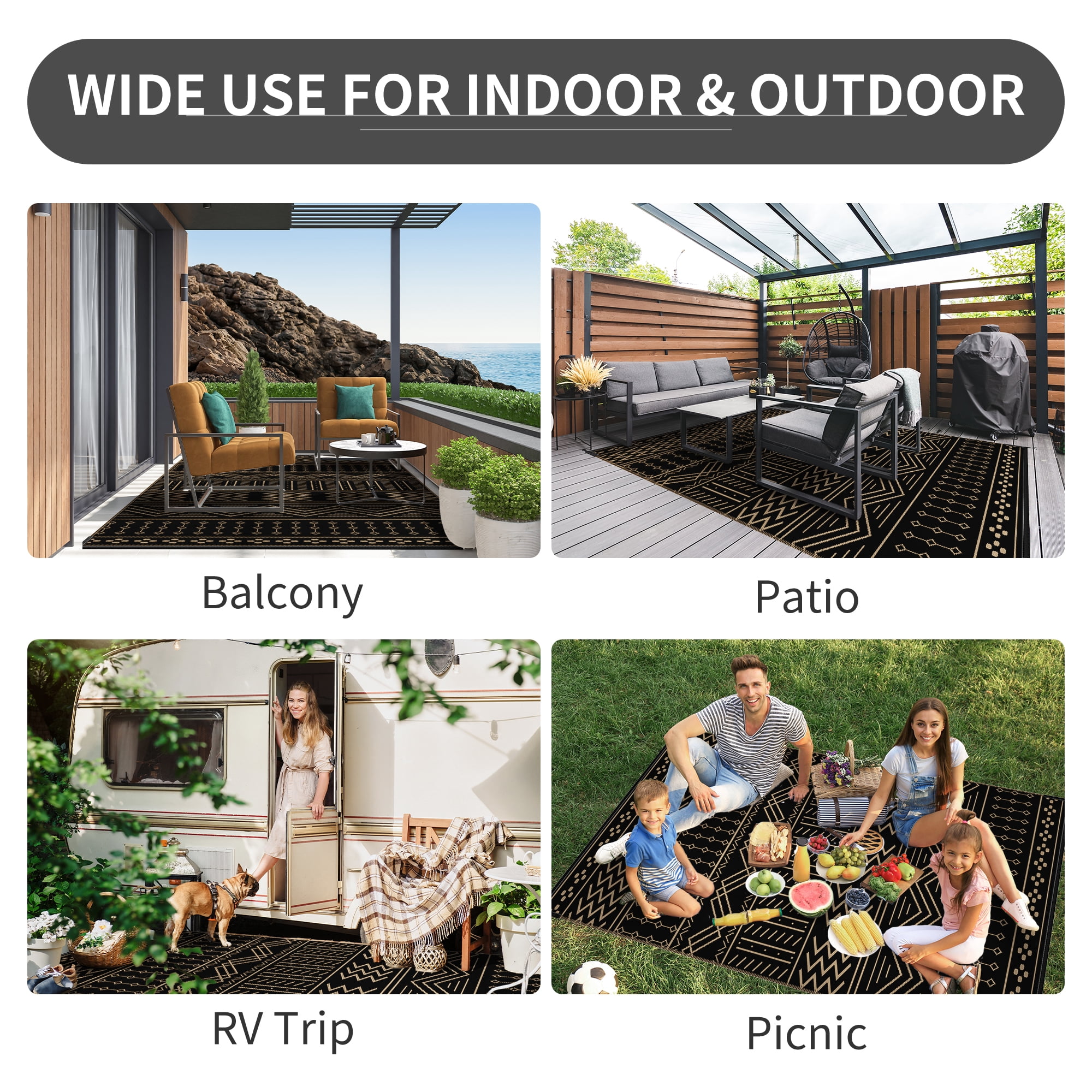 SIXHOME Outdoor Rug 8'x10' Waterproof Patio Rug Reversible Indoor Outdoor Rug Lightweight Plastic Straw Rug for RV Camping Deck Balcony Boho Porch Decor Black and Brown