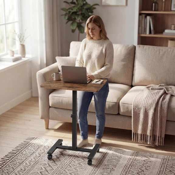 Small Portable Standing Rolling Desk - 24 Inch Mobile Stand Up Desk Adjustable Height on Wheels for Small Spaces, Couch Kids Laptop Desks End Side Table, Teacher Podium for Classroom, Rustic Brown
