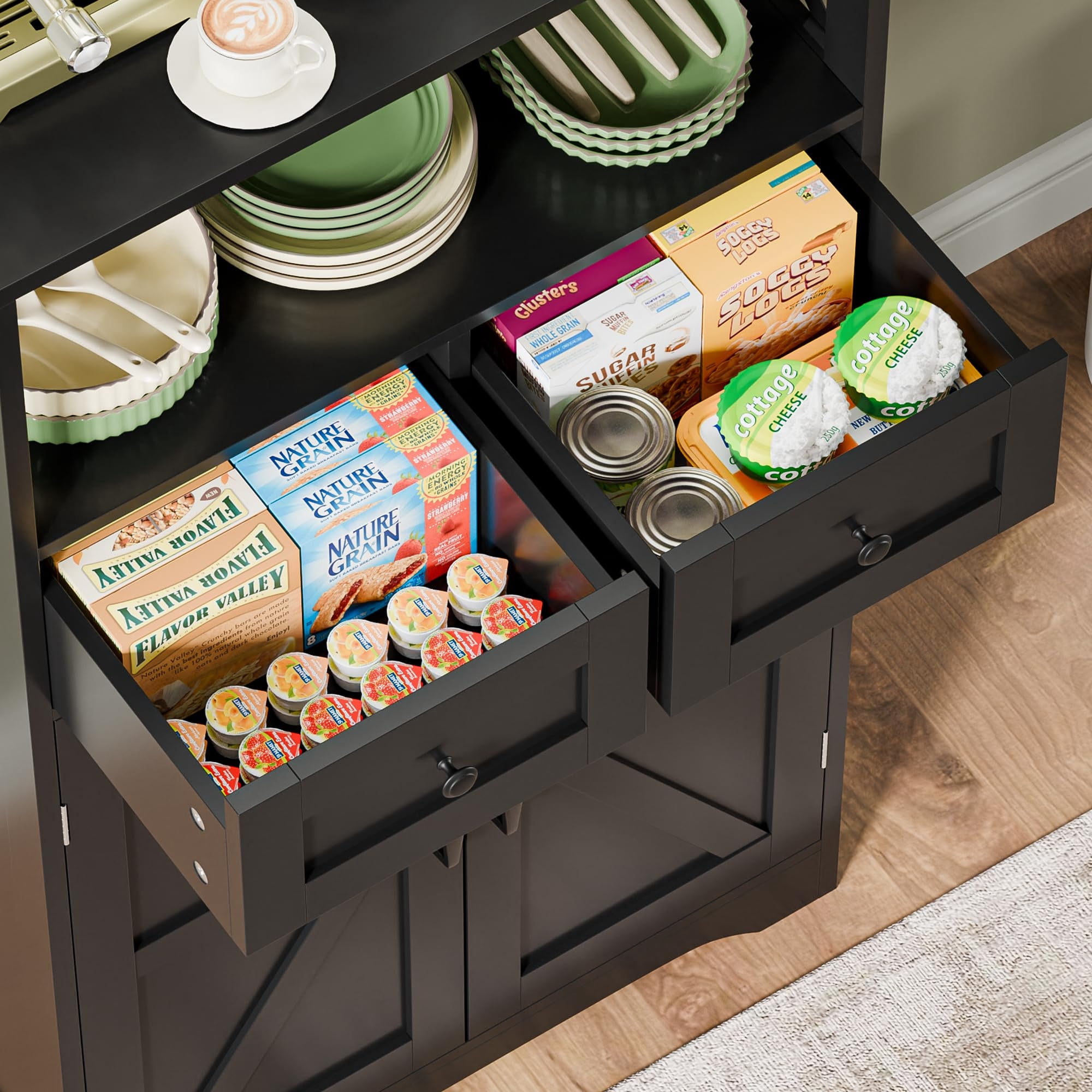 Farmhouse Storage Cabinet, Bathroom Floor Cabinet Kitchen Pantry with Doors and Drawers, Hutch Cupboard for Living Room, Bedroom, Laundry, Black
