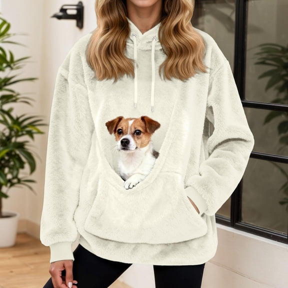 Women's Plush Front Pet Carrier Hoodie, Kangaroo Pocket Cat Mom Sweatshirt, Soft Fleece Lined Hooded Sweater, Cozy Animal Lover Pullover, Fun Pet Holding Hoodie, Winter Warm Top Beige L