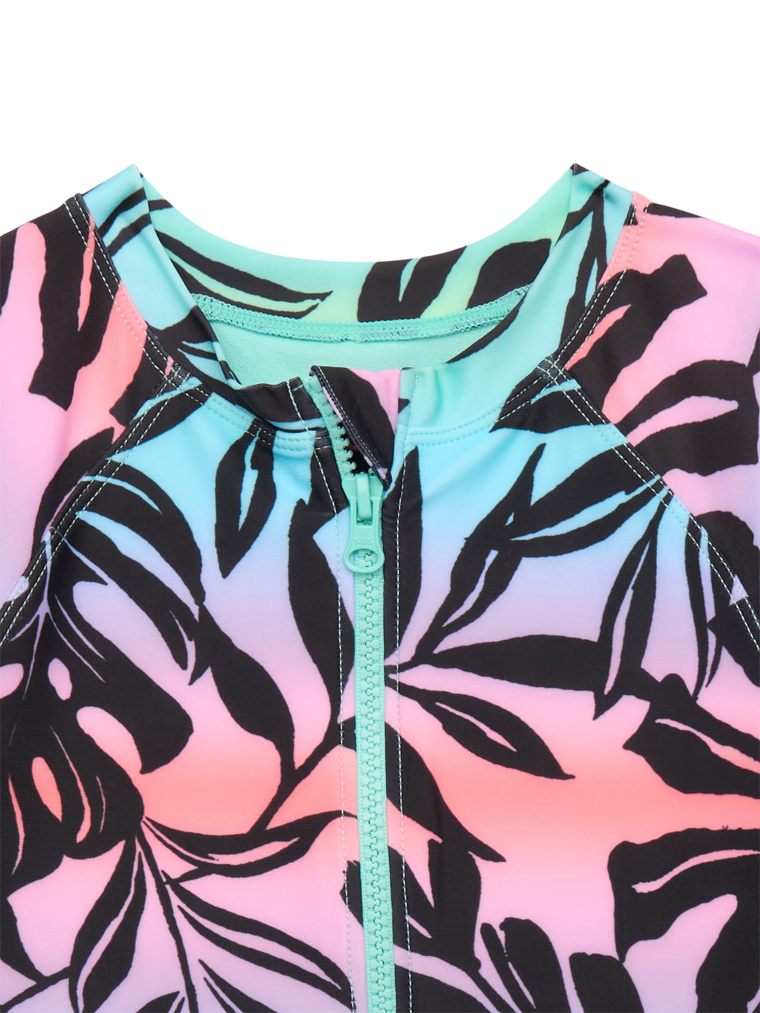 Wonder Nation Girls Short Sleeve Zip-Up Rash Guard One-Piece Swimsuit with UPF 50, Sizes 4-18 & Plus