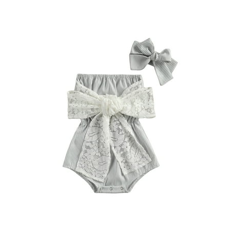 

Amuver 2Pcs Baby Summer Outfits Stripes Strapless Rompers with Bowknot + Hairband Suit for Toddler Girls 0-24 Months