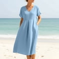 thumbnail image 2 of Horkkom Flowy Dresses for Women V Neck Short Sleeve Midi Dress Summer Beach Dresses with Pockets S, 2 of 10