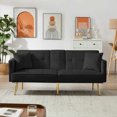 GeeHome Black Velvet Futon Sofa Bed with Gold Metal Legs