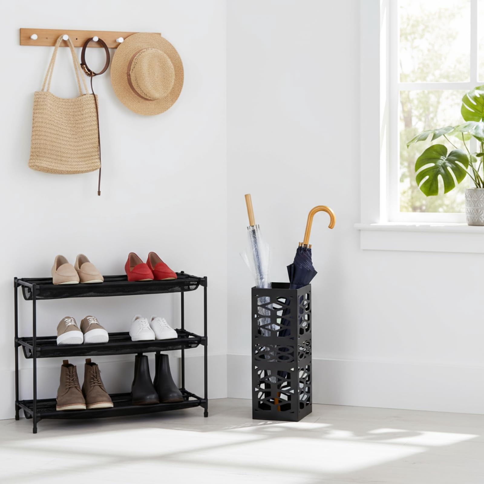 Metal Umbrella Holder Stand For Entryway  Square Organizer Walking Sticks Storage Bin Freestanding Home Office Hotel Black 5.9 X 5.9 15.7 Inches