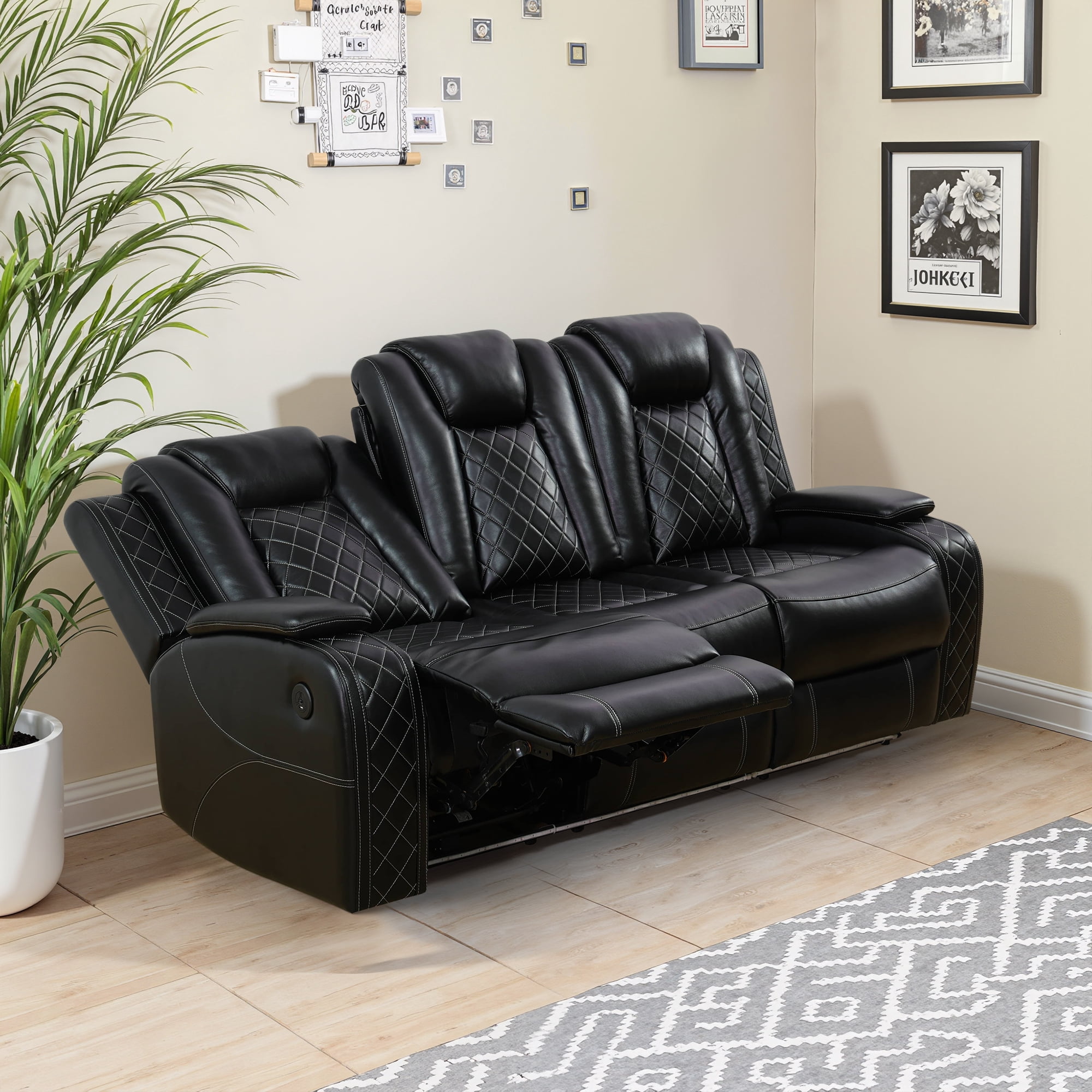 MAYEERTY Black Breathing Leather Living Room Sectional Recliner Sofa