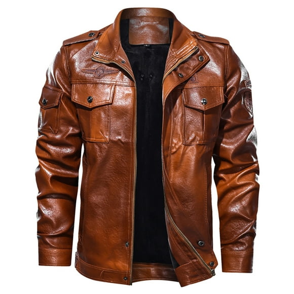 XZNGL Mens Fashion Jacket Pure Color Zipper Stand Collar Imitation Leather Coat Tops