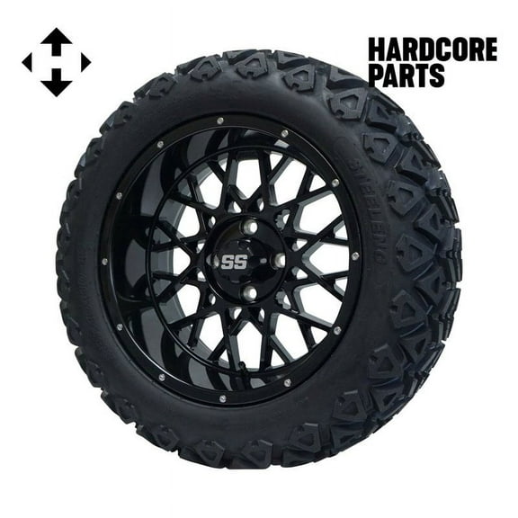 Hardcore Parts 15" Black 'VENOM' Golf Cart Wheels and 23"x10"-15 DOT rated All-Terrain tires - Set of 4, includes Black 'SS' center caps and 1/2x20 Black lug nuts